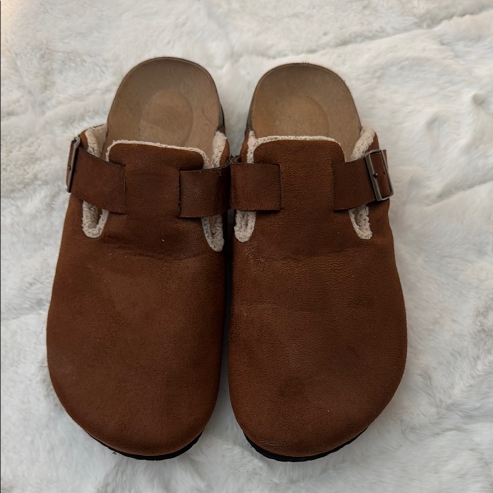 Brown Suede Clogs with Buckle